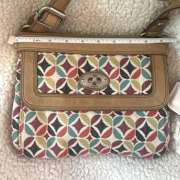 Fossil Multicolor Geometric Diamond Print Fabric Leather Small Crossbody Purse - Picture 3 of 8